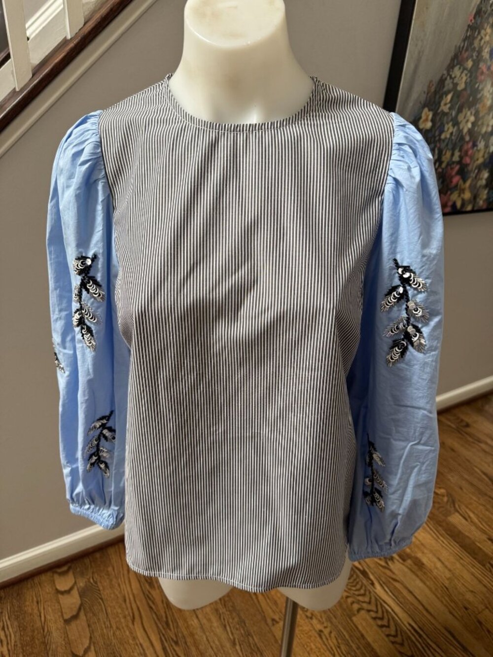 Essentiel Antwerp Whipple Blouse Stripe Embellished Puff Sleeve Size 36